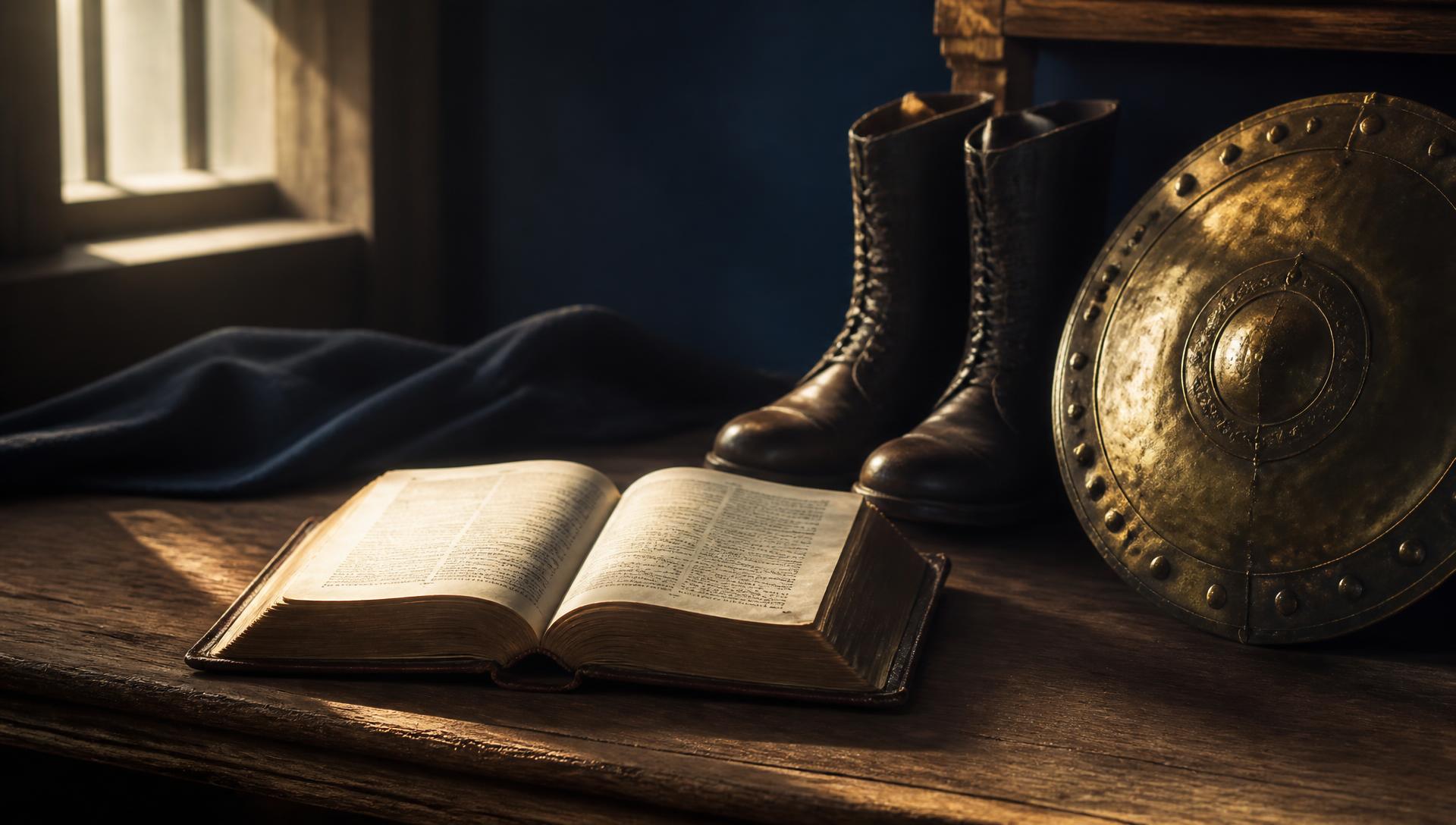 A worn Bible open on a wooden table beside military boots and a brass shield in warm morning light