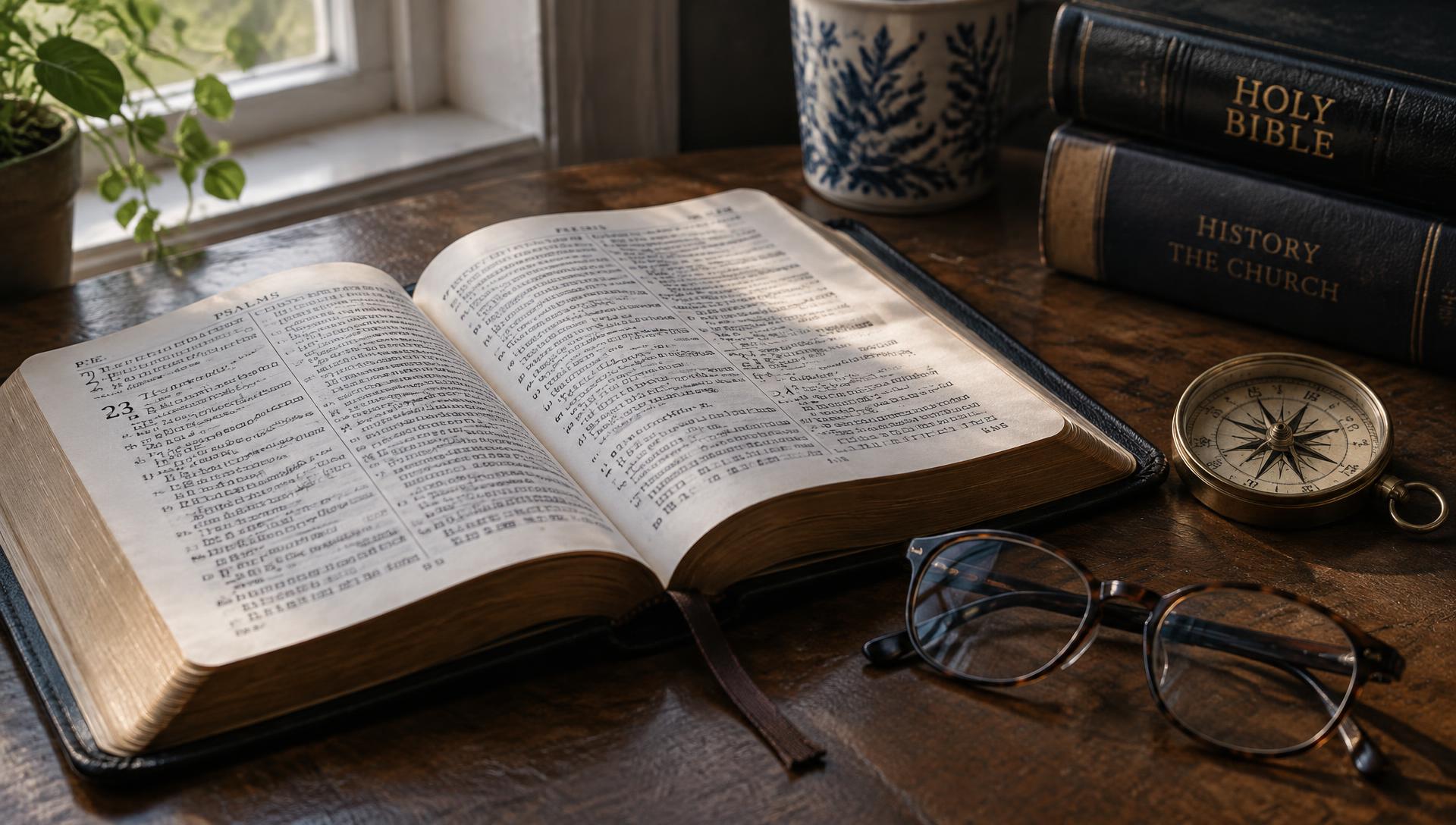 An open Bible on a dark wooden table in warm morning light beside reading glasses and a brass compass