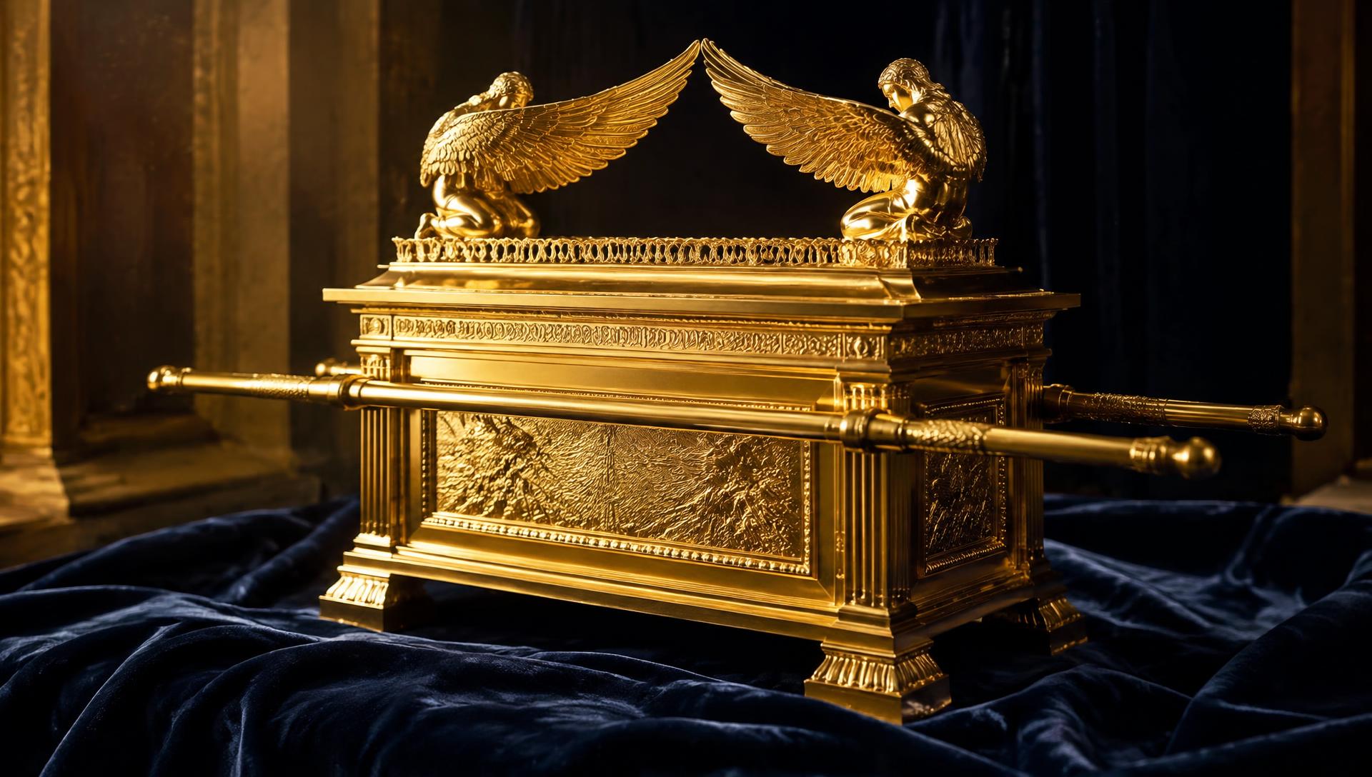 A golden Ark of the Covenant with winged cherubim and carrying staves resting on deep blue velvet, lit by warm golden light