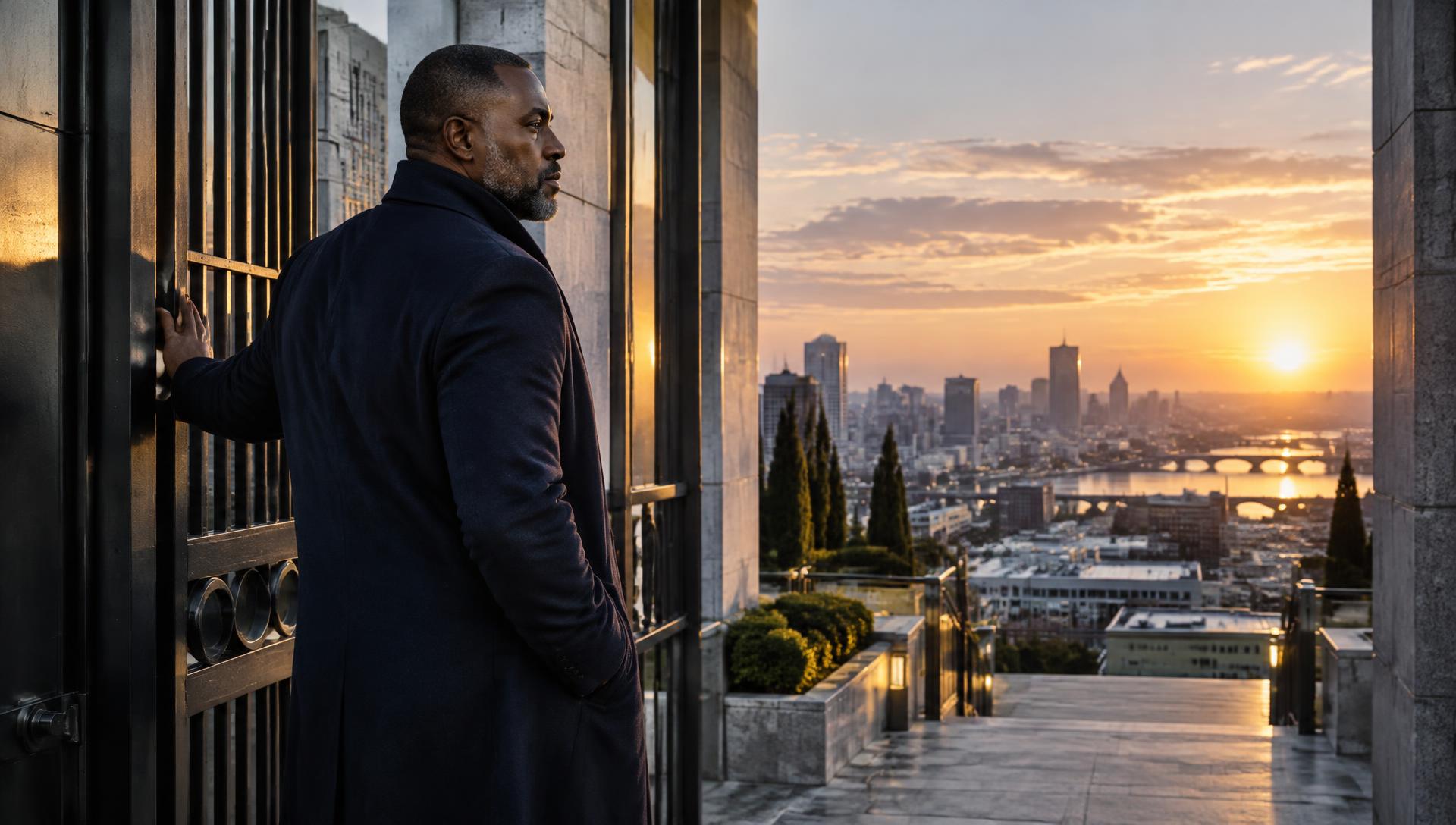 A modern Kingdom gatekeeper in a navy coat standing at a city gateway at sunrise