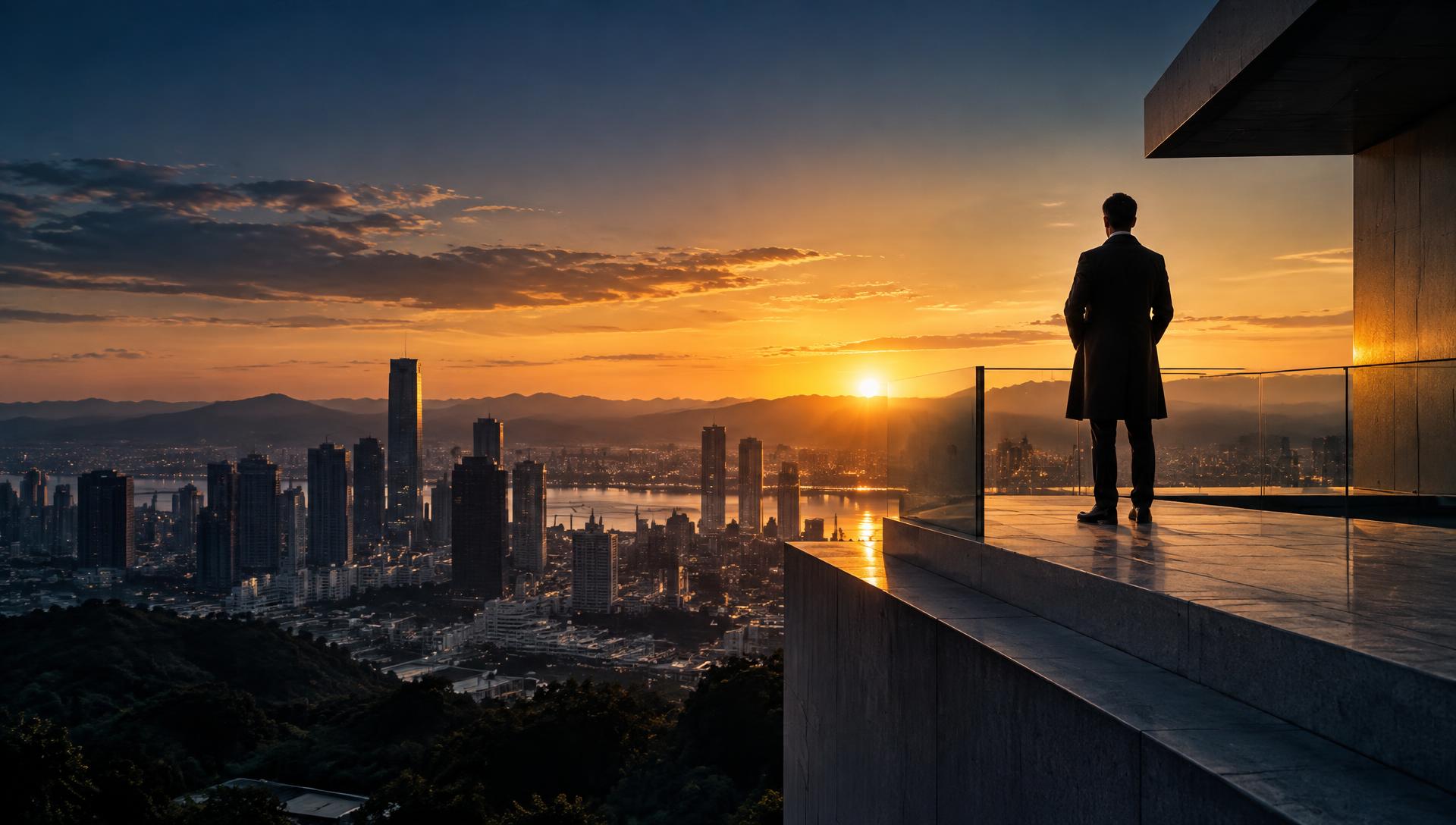 A modern watchman in a long dark coat standing at the edge of a sleek concrete overlook above a city skyline at sunrise