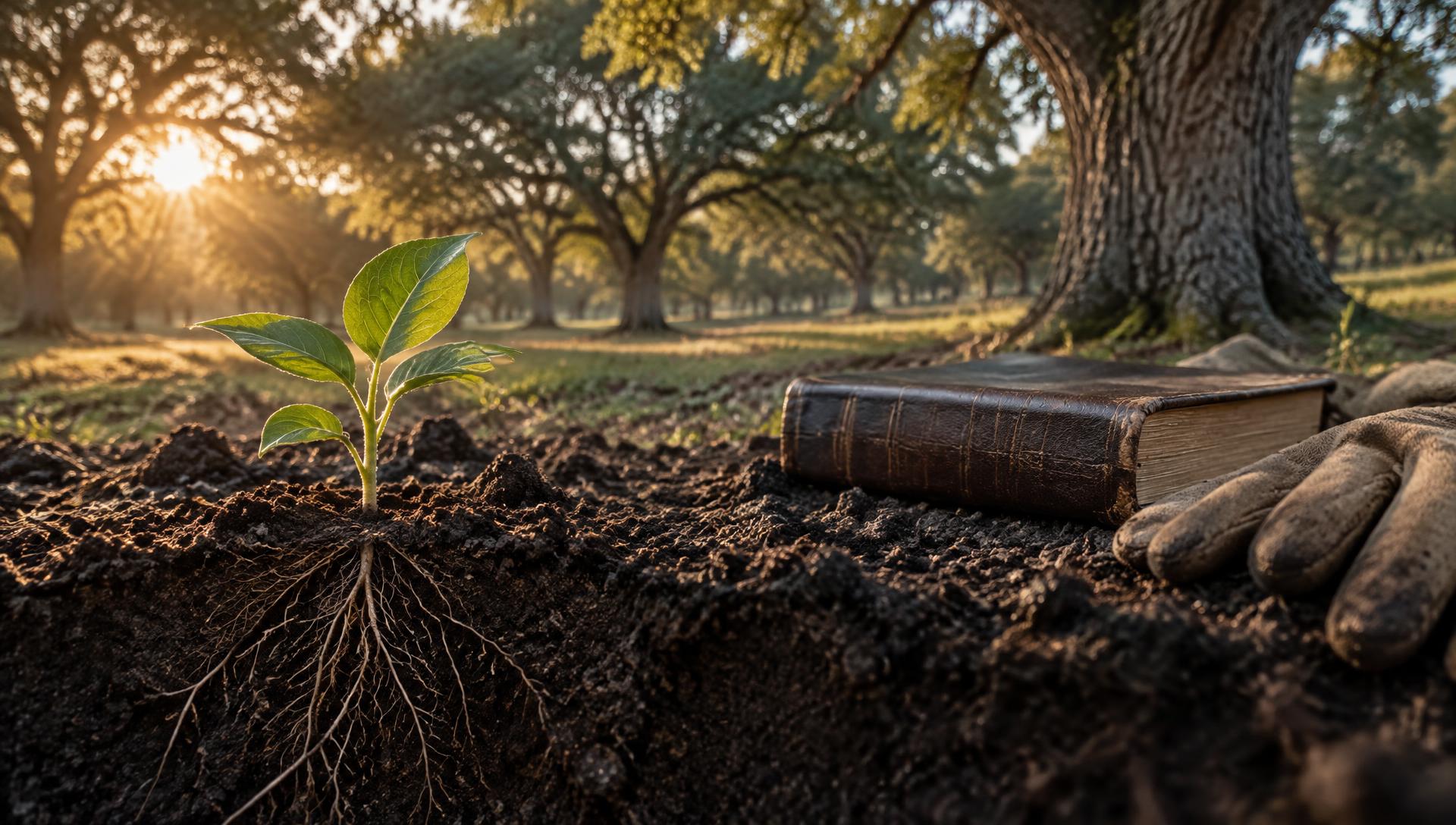 A young seedling with visible roots beside a Bible and gardening gloves, with mature oak trees in morning light