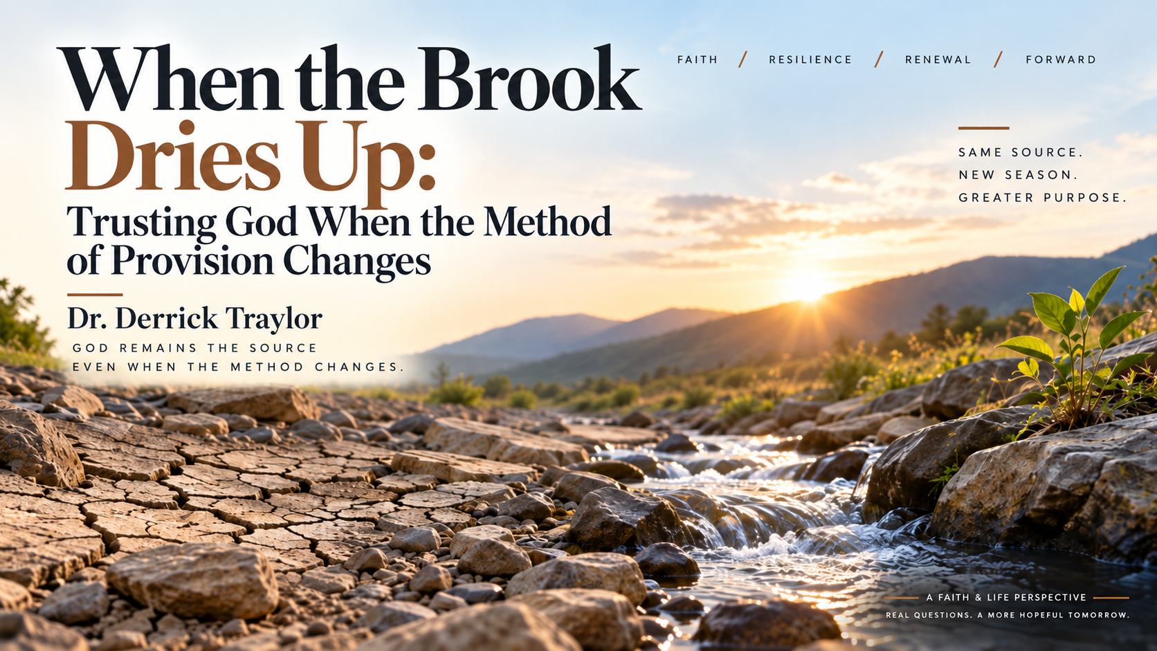 A rocky, partially dried brook at sunrise with mountains in the background and new green growth emerging from the stones