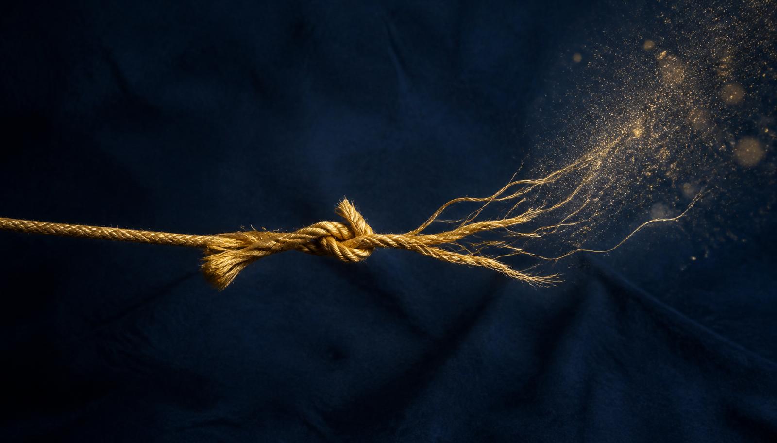 A golden cord unraveling into light against deep navy