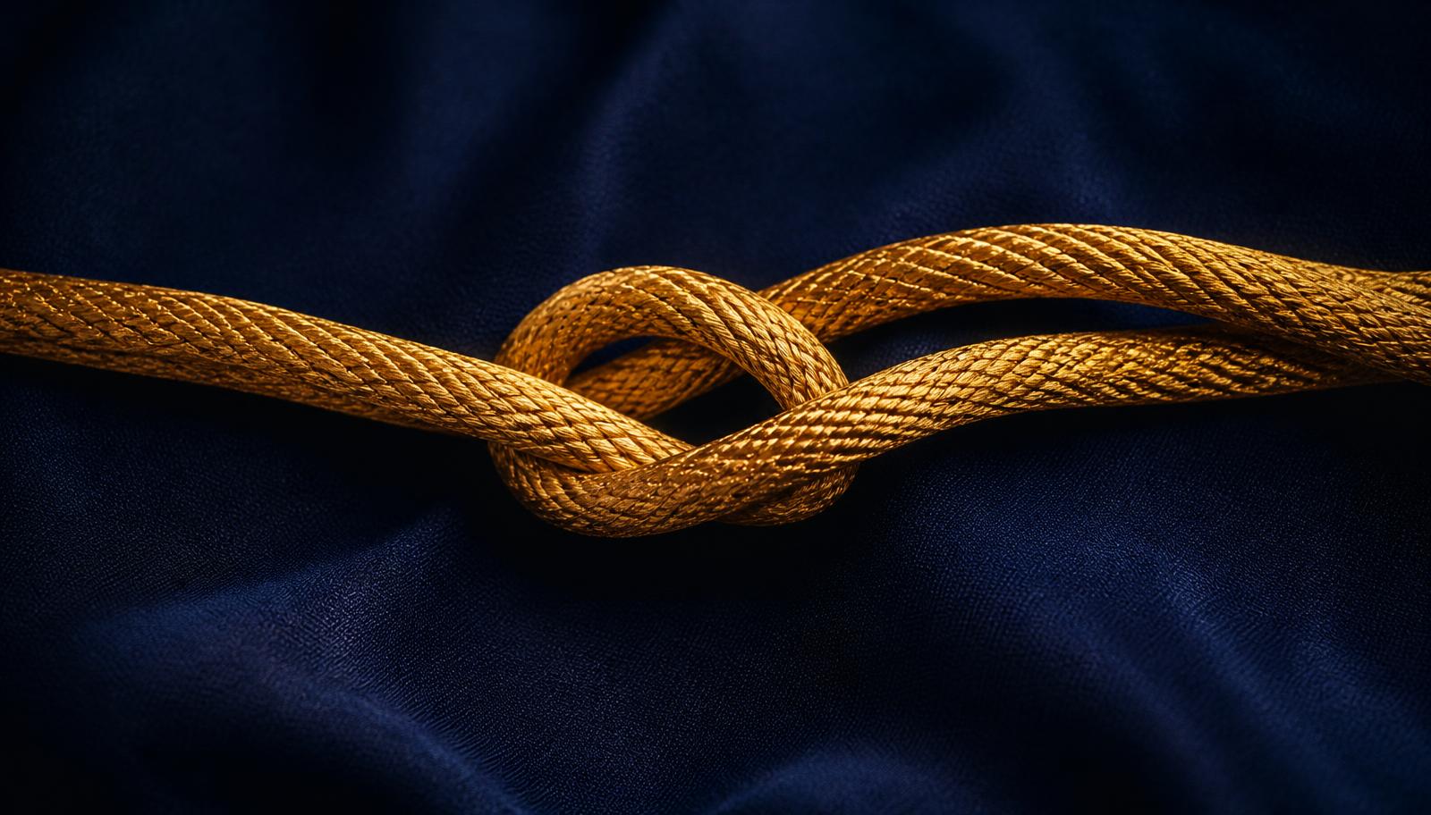 Two golden cords intertwined on deep navy fabric