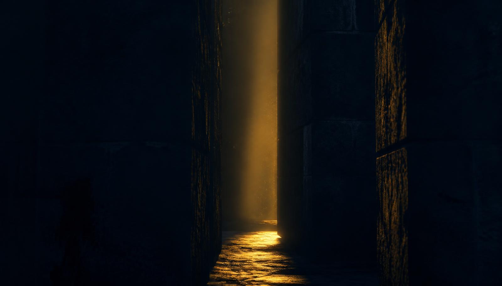 A shaft of golden light breaking through a gap between two dark stone walls